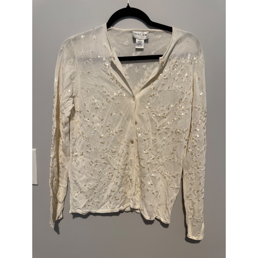 Oscar de la Renta Sequin Floral Knit Cardigan Cream Rayon Sweater Womens Small